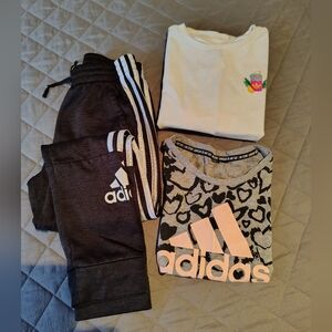 3 Pieces Bundle Of Adidas Kids Black Sweatpants with Gray and Pink Tops